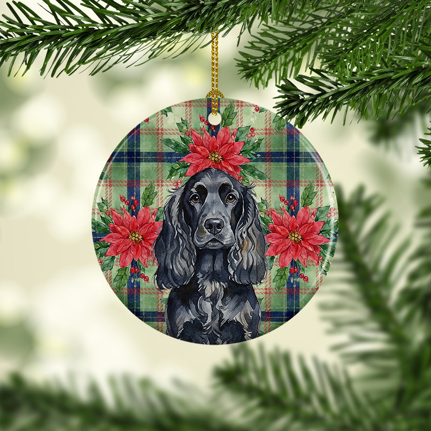 Black English Cocker Spaniel Christmas PoinsettIas Ceramic Ornament