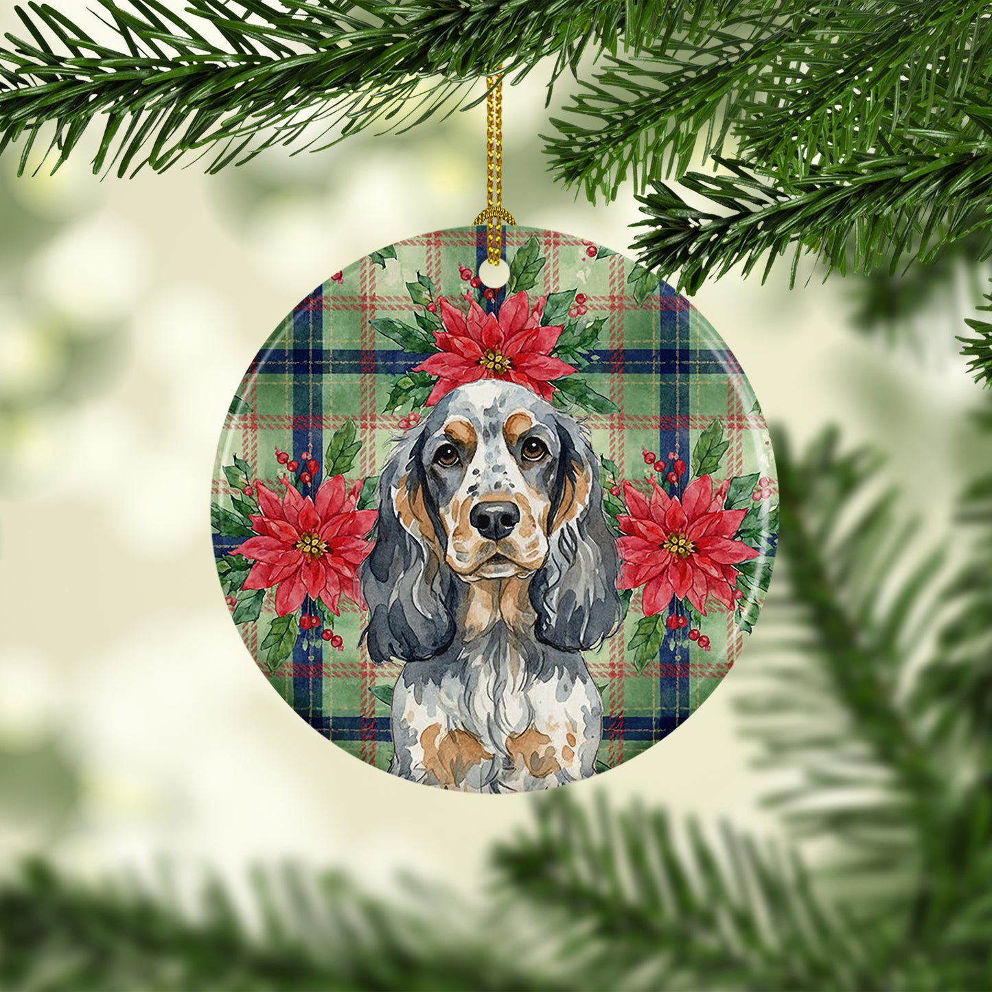 Blue Roan & Tan English Cocker Spaniel Christmas PoinsettIas Ceramic Ornament