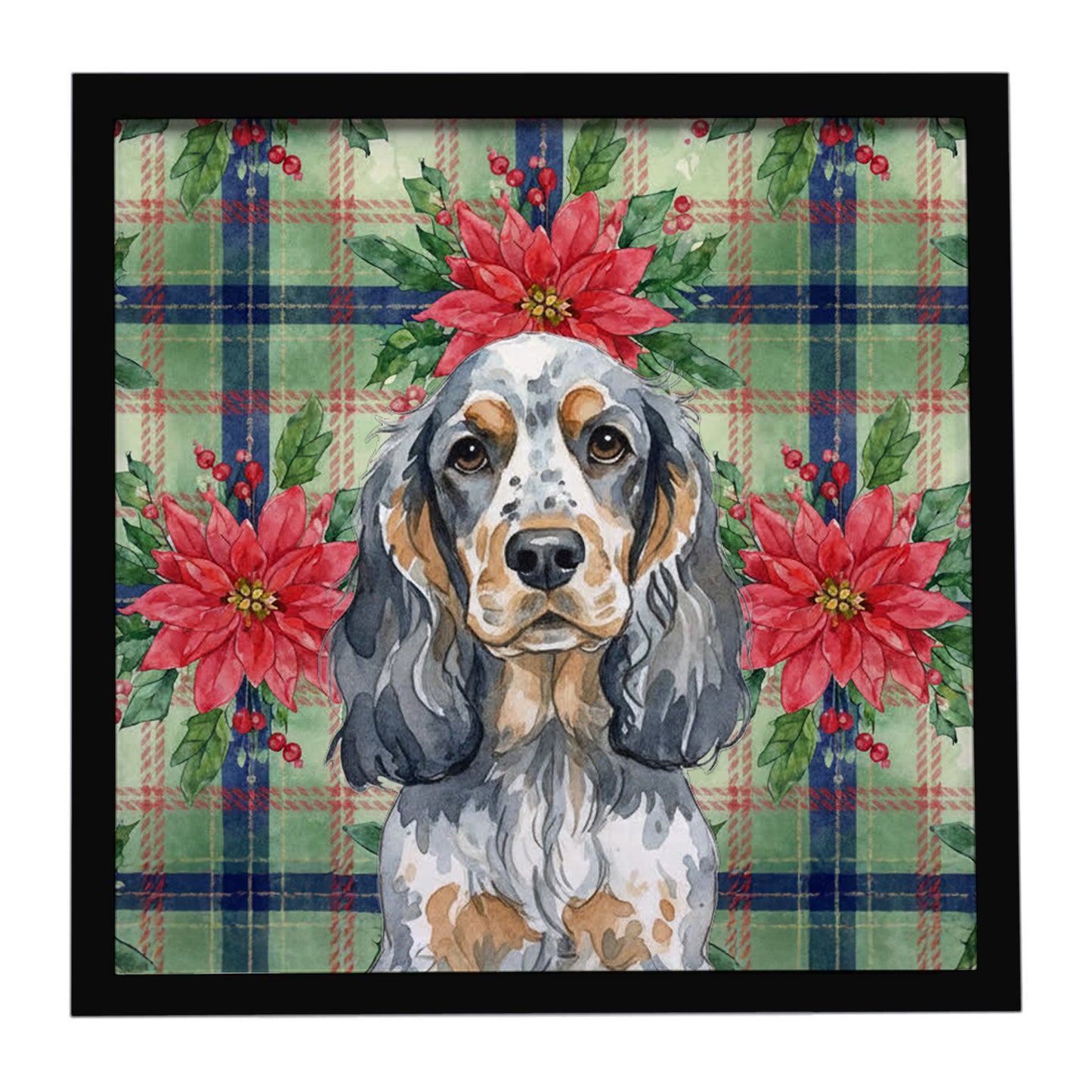 Buy this Blue Roan & Tan English Cocker Spaniel Christmas PoinsettIas Framed Metal Print