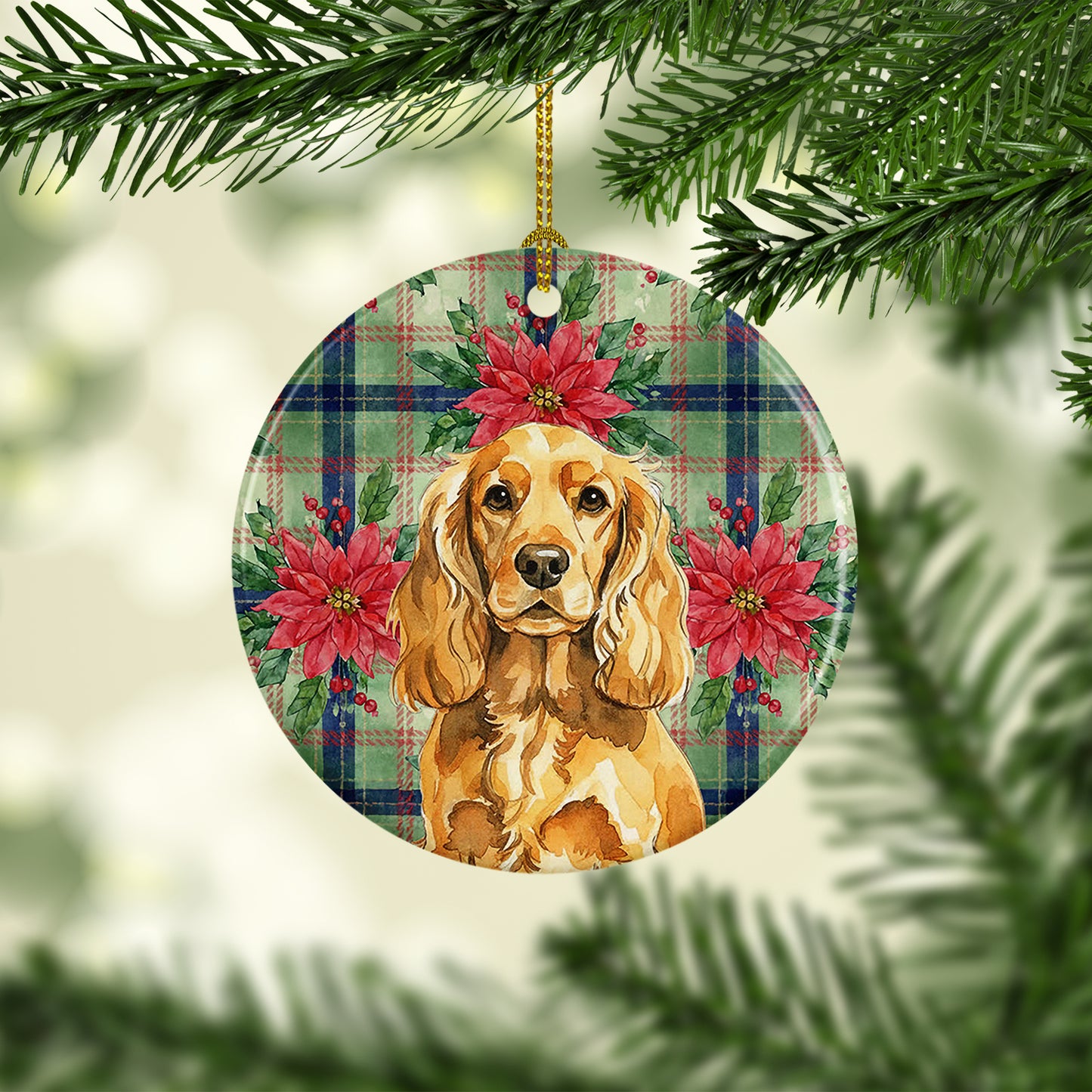 Golden English Cocker Spaniel Christmas PoinsettIas Ceramic Ornament