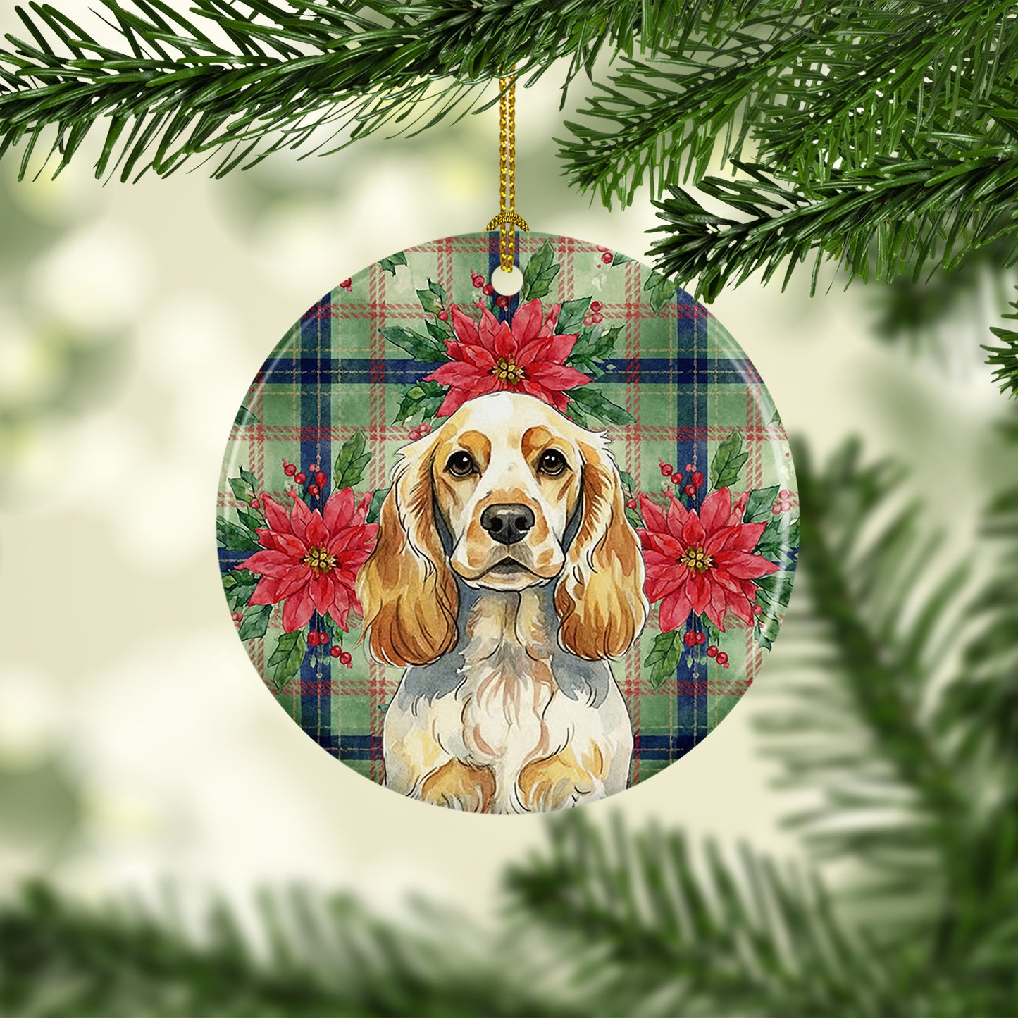 Lemon Roan English Cocker Spaniel Christmas PoinsettIas Ceramic Ornament