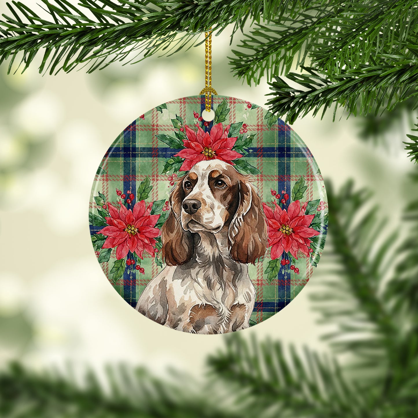 Liver Roan English Cocker Spaniel Christmas PoinsettIas Ceramic Ornament