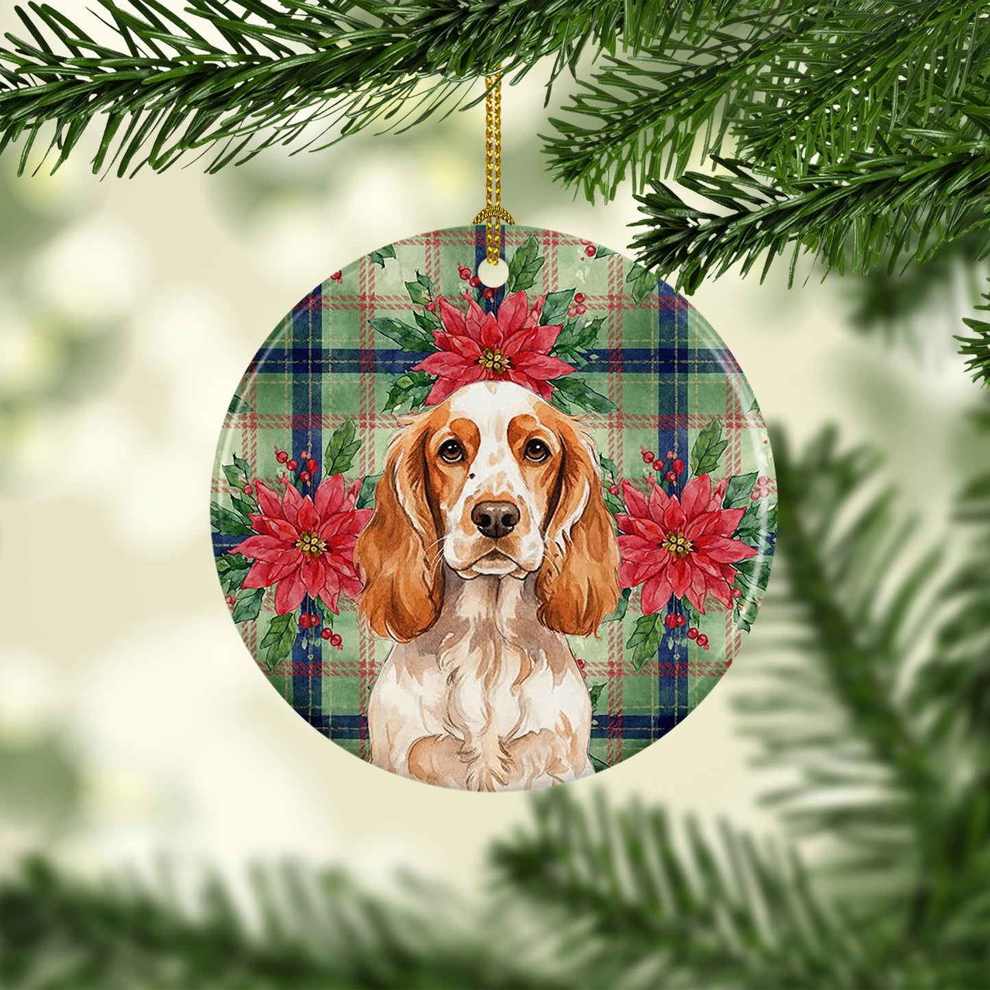 Orange Roan English Cocker Spaniel Christmas PoinsettIas Ceramic Ornament