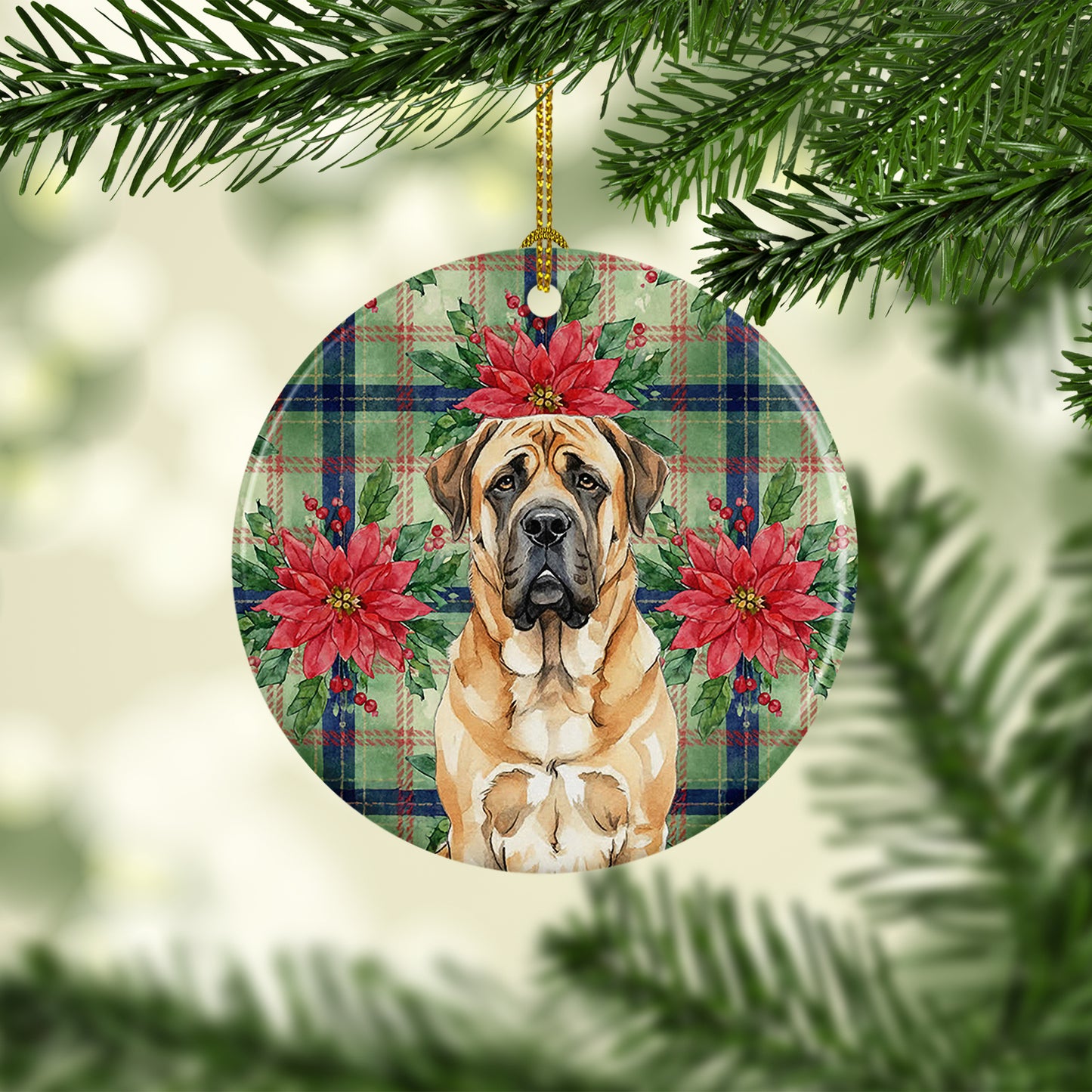 Apricot English Mastiff Christmas PoinsettIas Ceramic Ornament