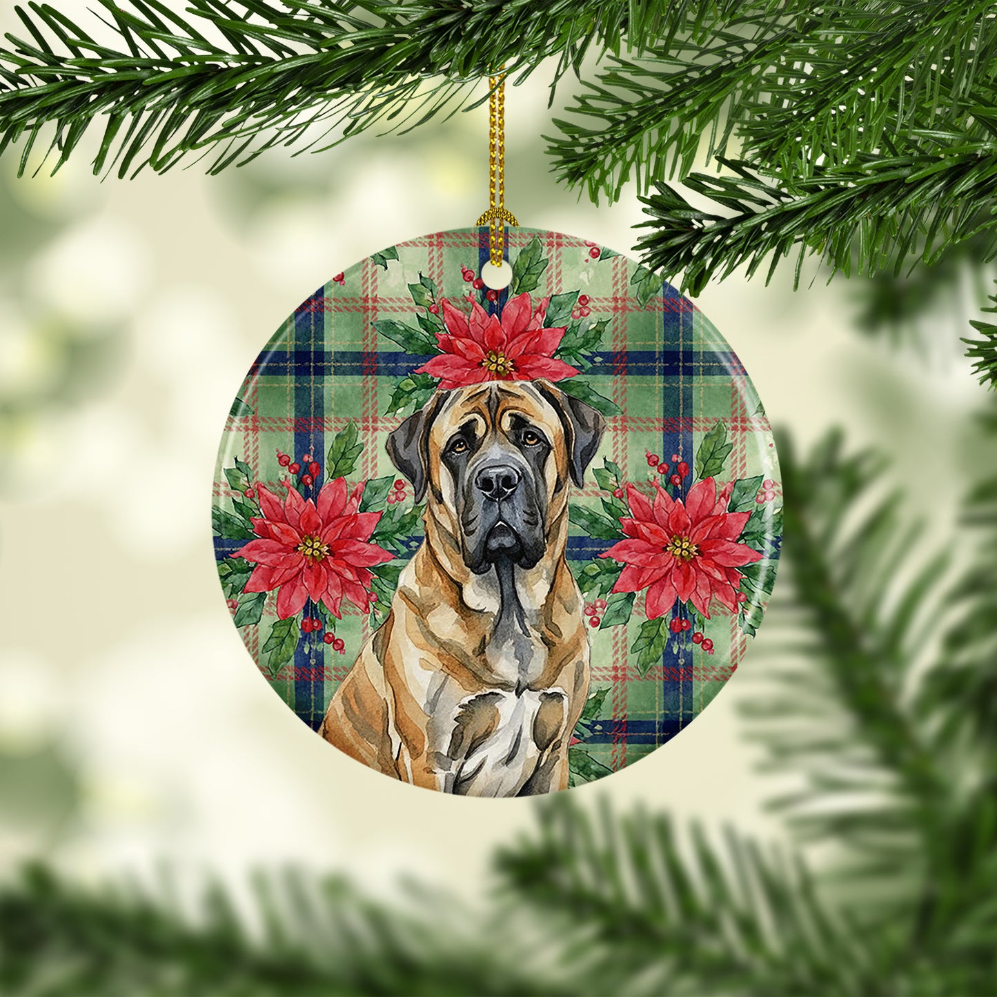 Brindle English Mastiff Christmas PoinsettIas Ceramic Ornament