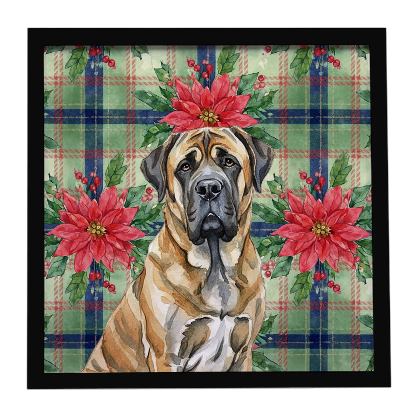 Buy this Brindle English Mastiff Christmas PoinsettIas Framed Metal Print