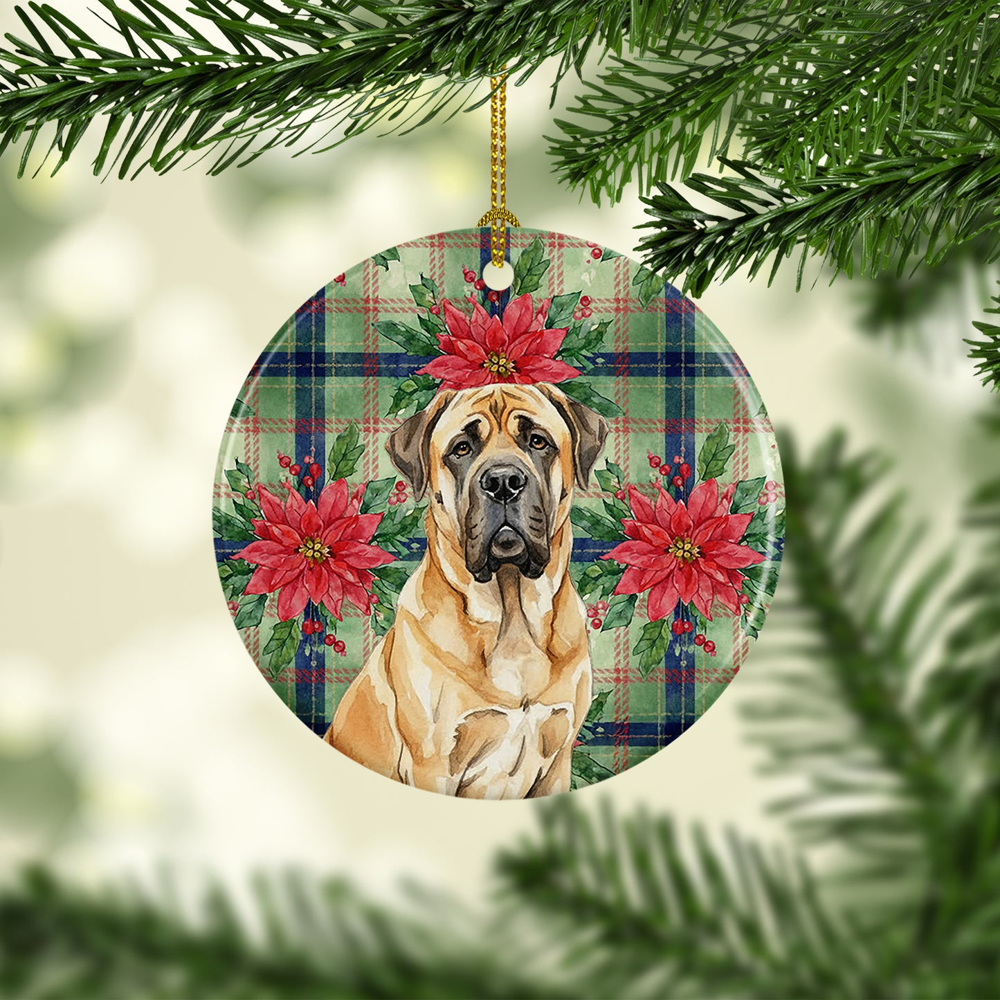 Fawn English Mastiff Christmas PoinsettIas Ceramic Ornament