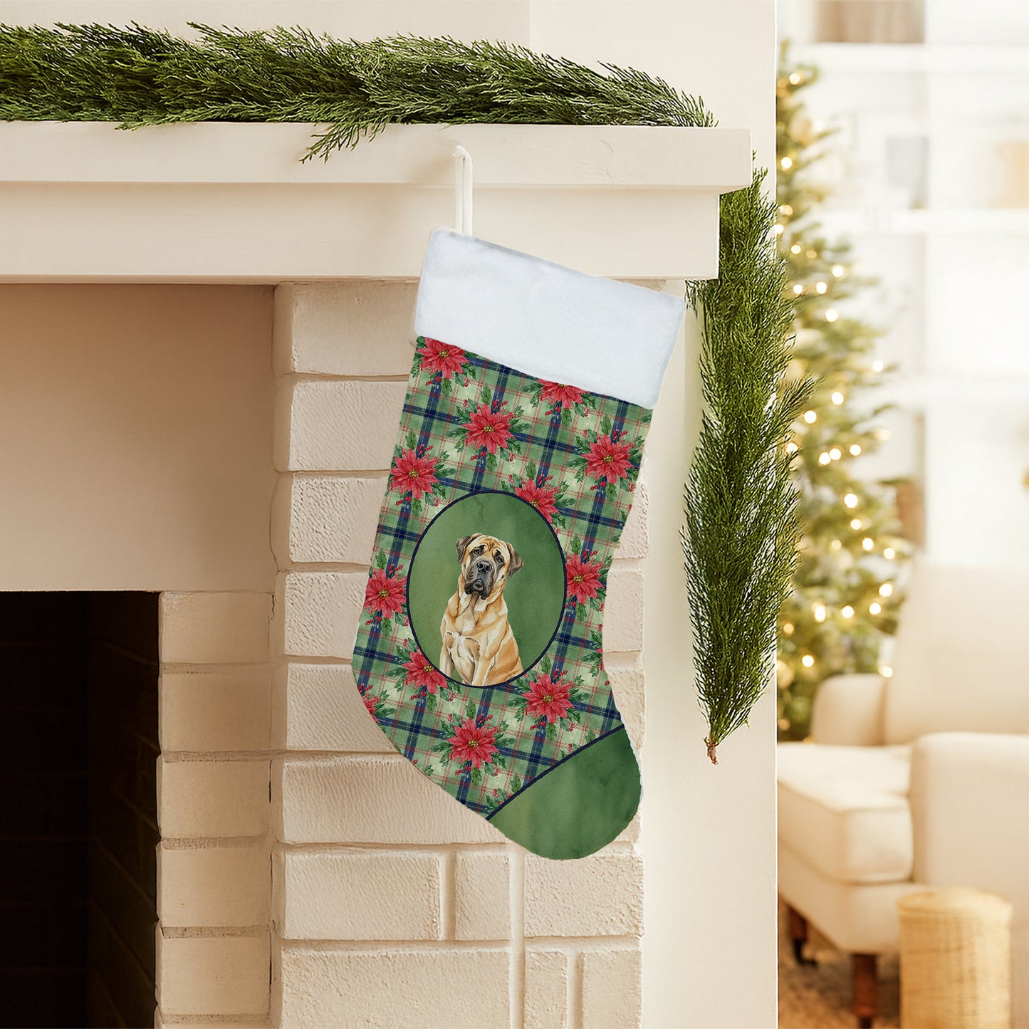 Fawn English Mastiff Christmas PoinsettIas Holiday Stocking