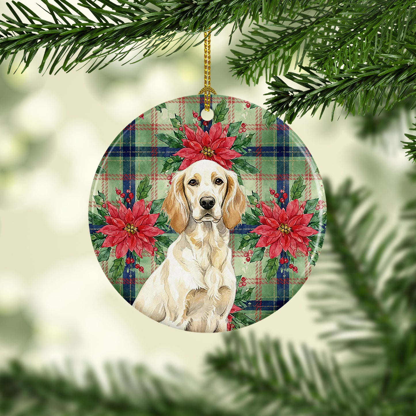 Lemon Belton English Setter Christmas PoinsettIas Ceramic Ornament