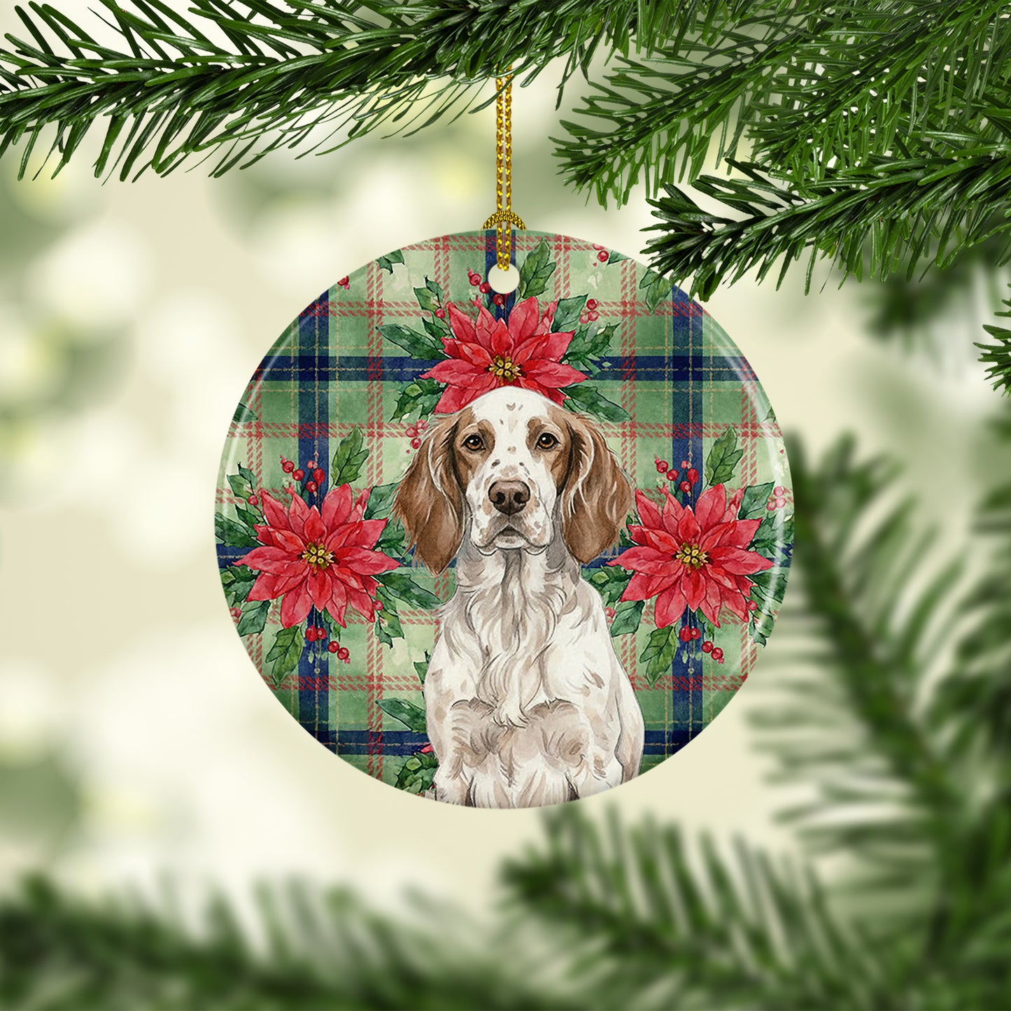 Liver Belton English Setter Christmas PoinsettIas Ceramic Ornament