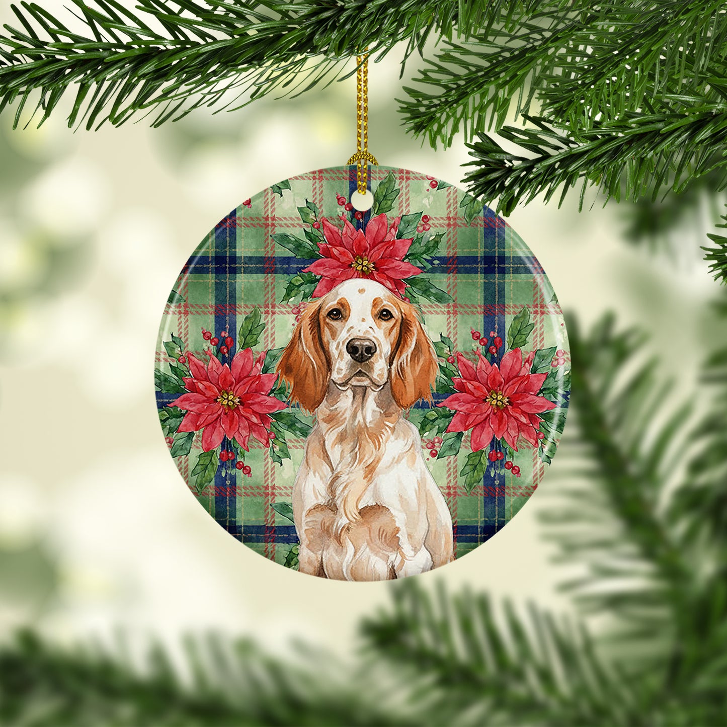 Orange Belton English Setter Christmas PoinsettIas Ceramic Ornament