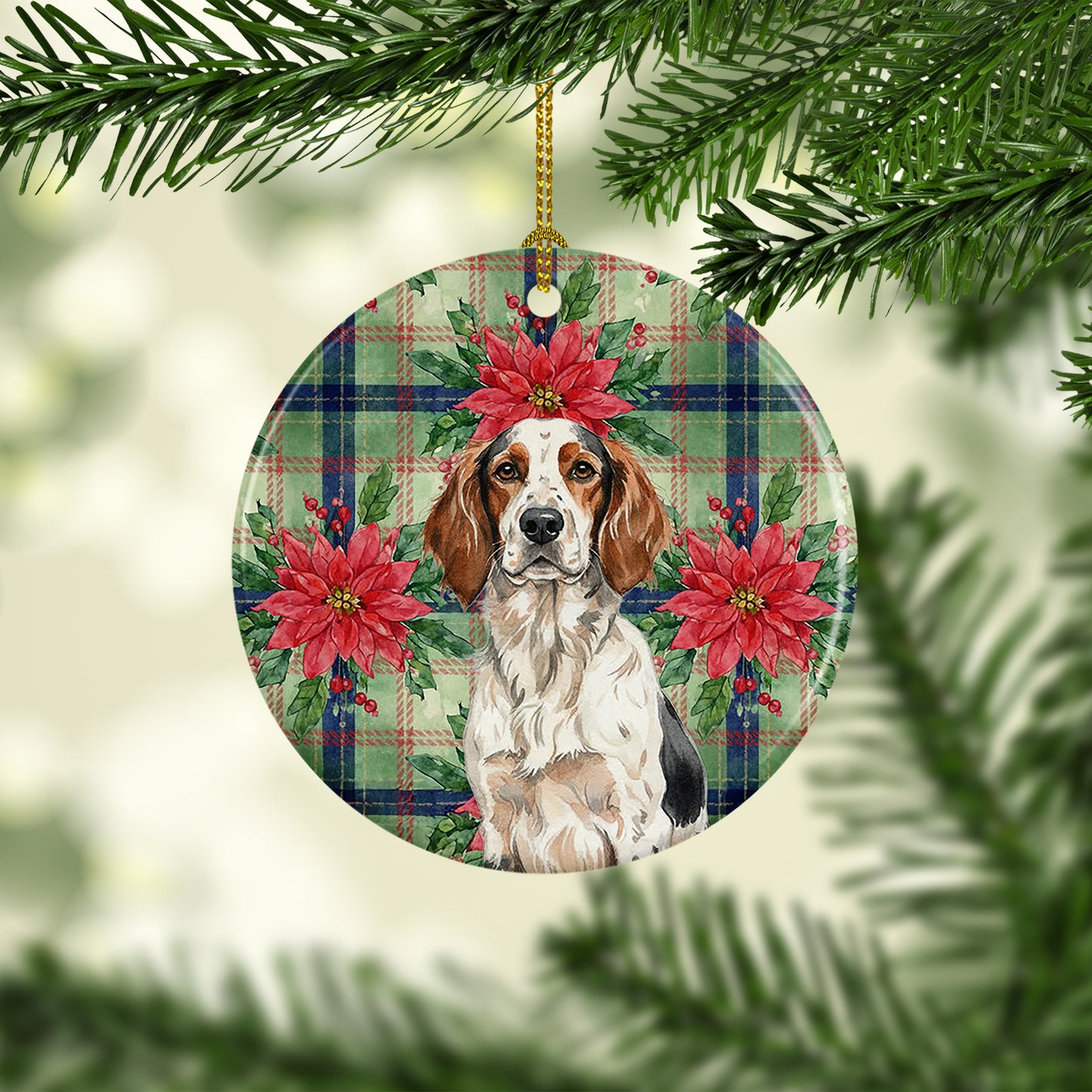 Tricolor English Setter Christmas PoinsettIas Ceramic Ornament