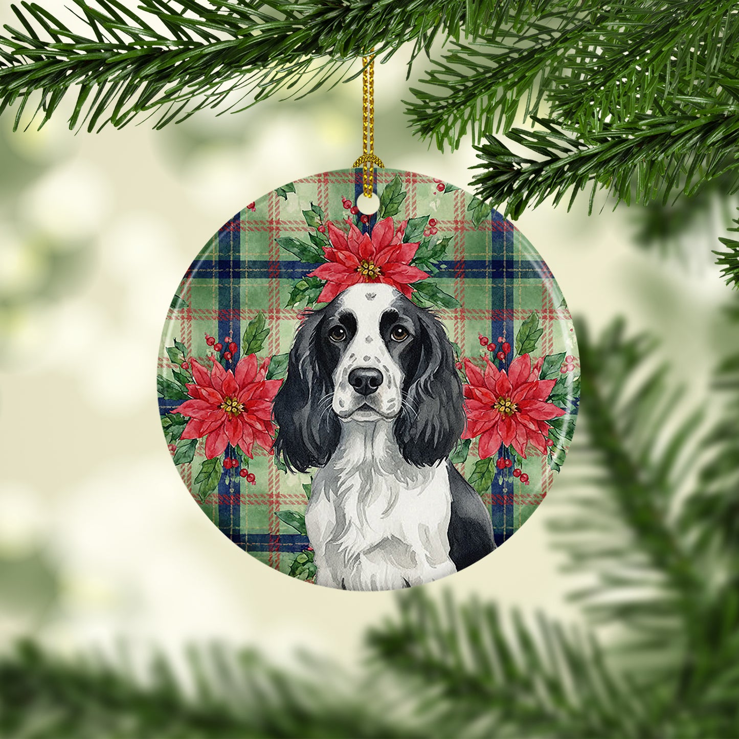 Black and White English Springer Spaniel Christmas PoinsettIas Ceramic Ornament