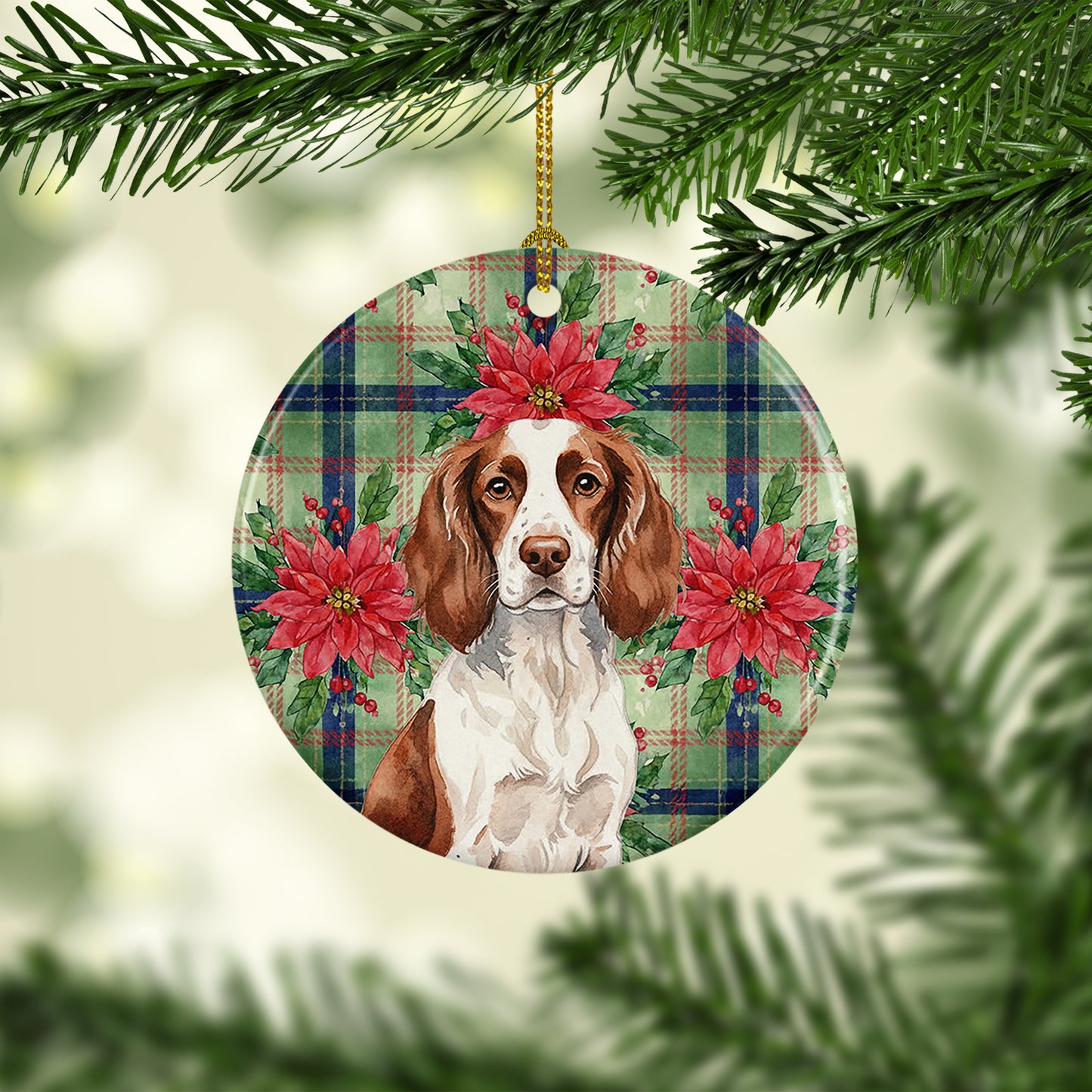 Liver and White English Springer Spaniel Christmas PoinsettIas Ceramic Ornament