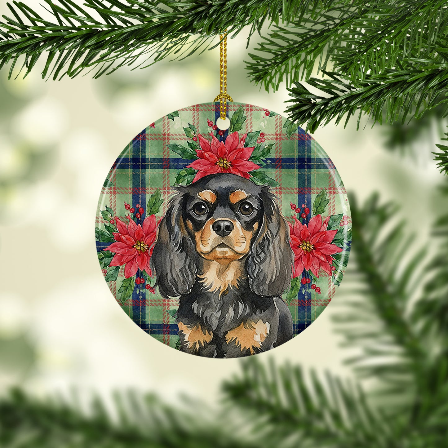 Black and Tan English Toy Spaniel Christmas PoinsettIas Ceramic Ornament