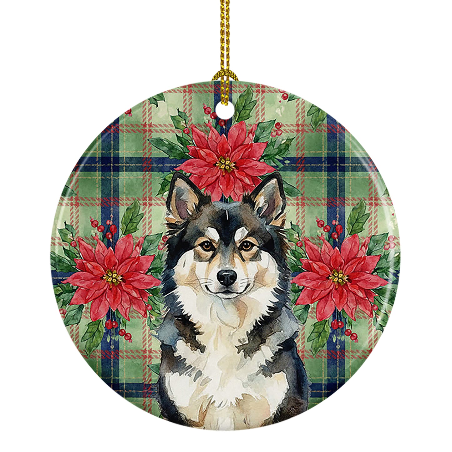 Buy this Finnish Lapphund Christmas PoinsettIas Ceramic Ornament