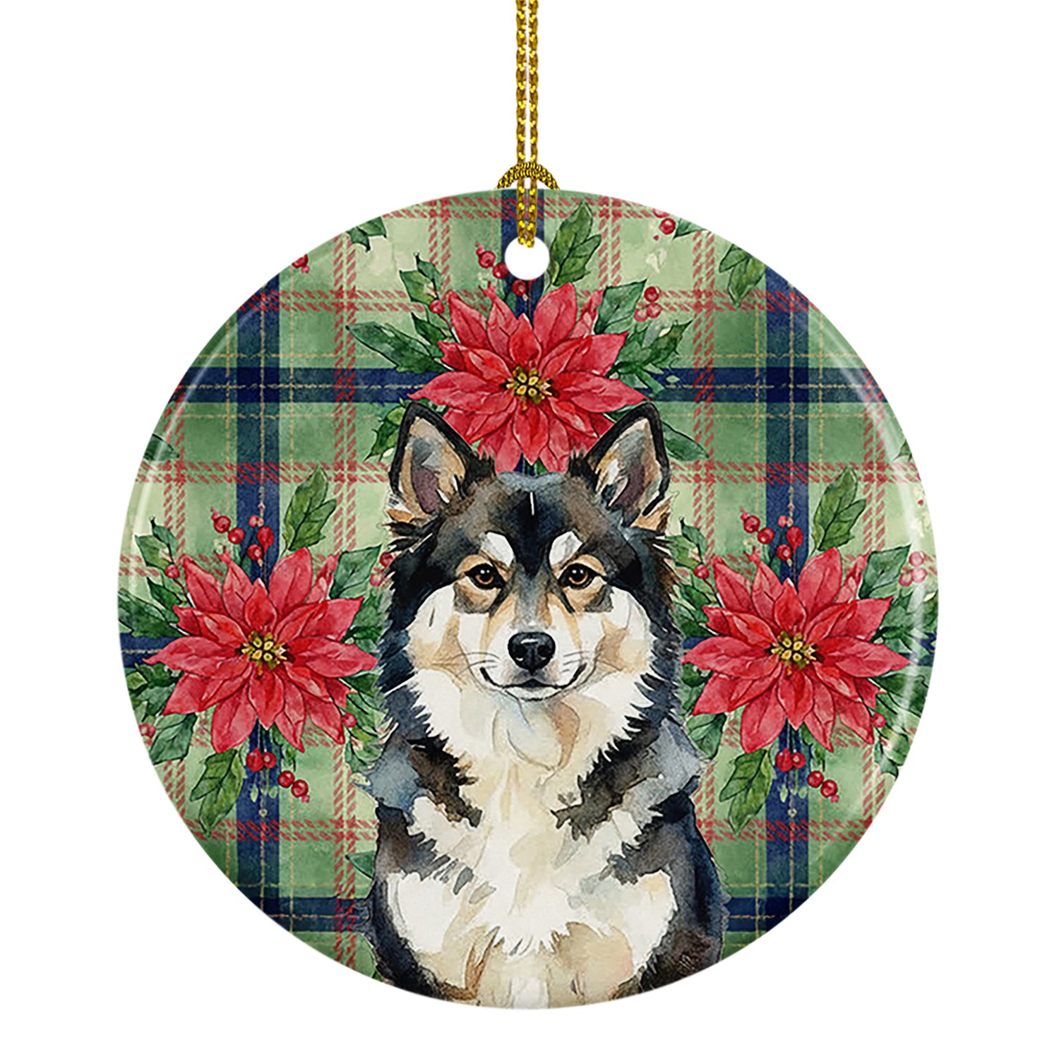 Buy this Finnish Lapphund Christmas PoinsettIas Ceramic Ornament