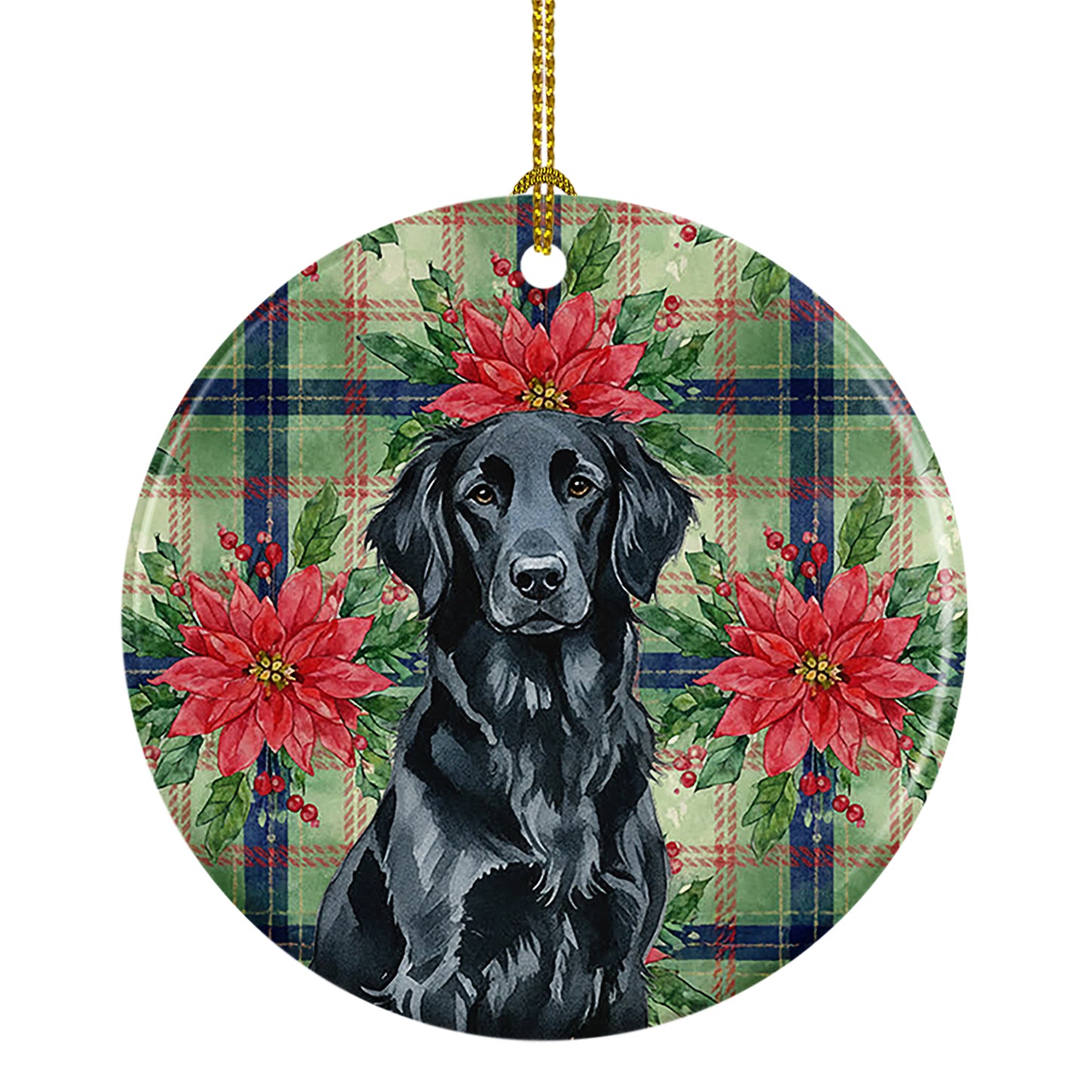 Buy this Black Flat-Coated Retriever Christmas PoinsettIas Ceramic Ornament
