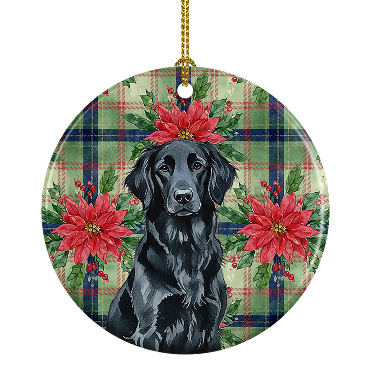 Buy this Black Flat-Coated Retriever Christmas PoinsettIas Ceramic Ornament