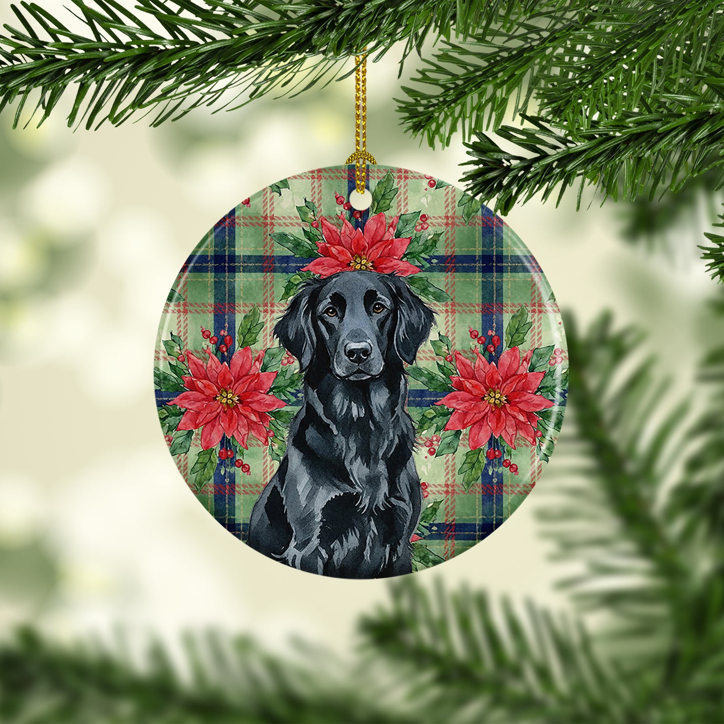 Black Flat-Coated Retriever Christmas PoinsettIas Ceramic Ornament