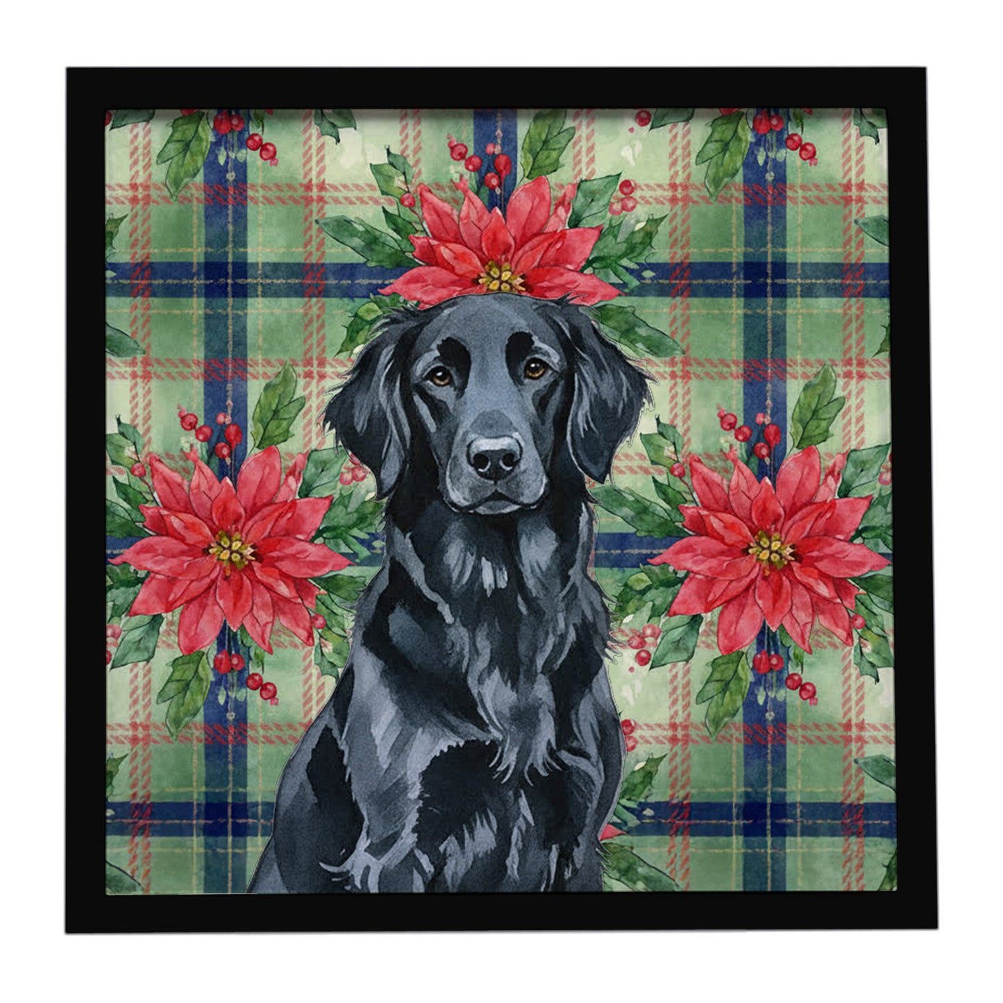 Buy this Black Flat-Coated Retriever Christmas PoinsettIas Framed Metal Print