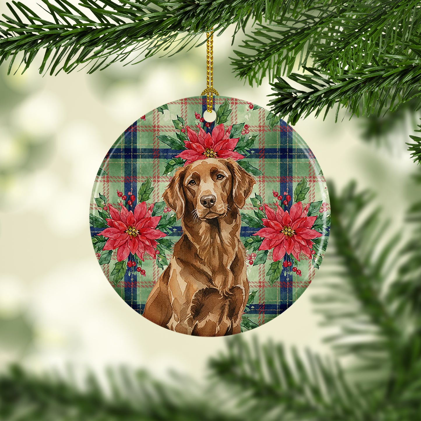 Liver Flat-Coated Retriever Christmas PoinsettIas Ceramic Ornament
