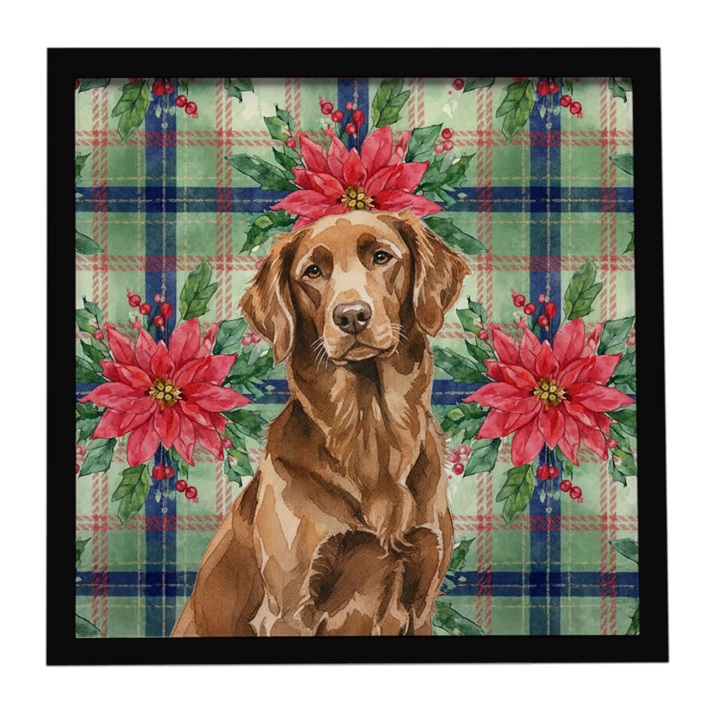 Buy this Liver Flat-Coated Retriever Christmas PoinsettIas Framed Metal Print