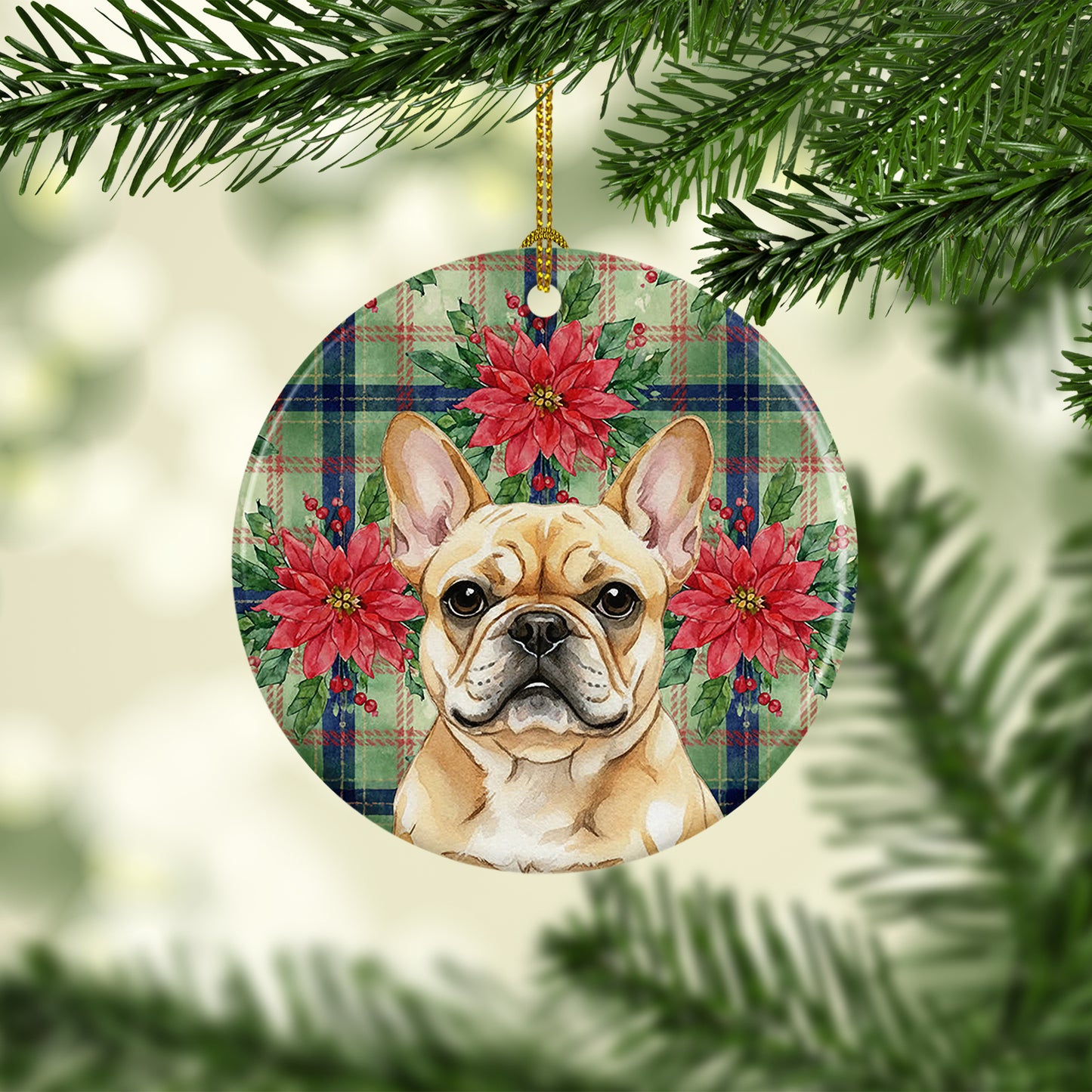 Fawn French Bulldog Christmas PoinsettIas Ceramic Ornament