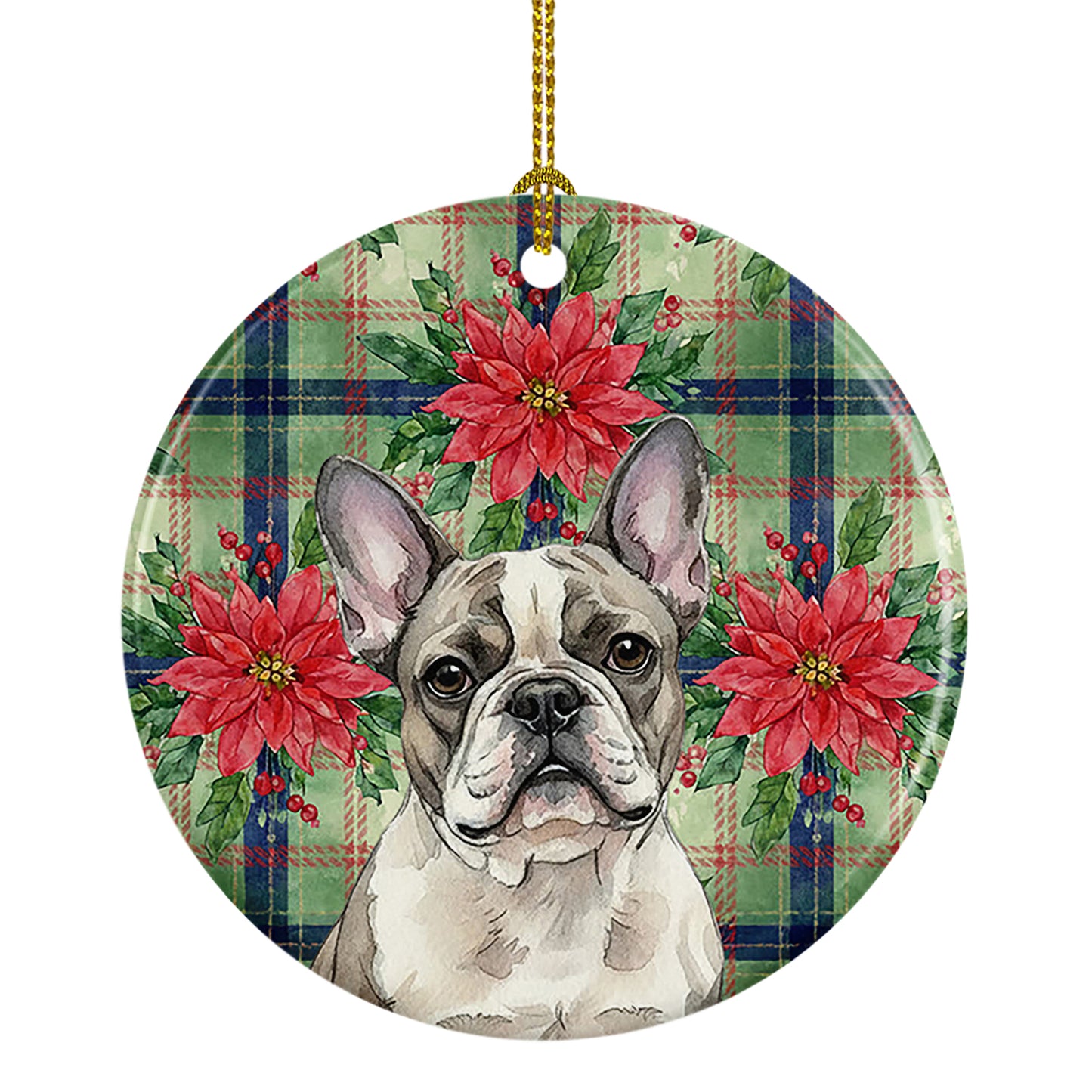 Buy this Pied French Bulldog Christmas PoinsettIas Ceramic Ornament