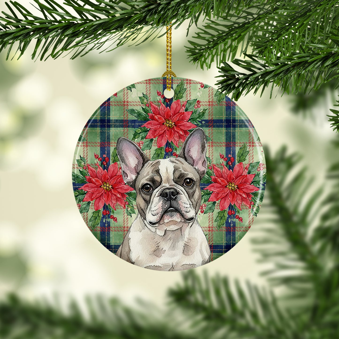 Pied French Bulldog Christmas PoinsettIas Ceramic Ornament
