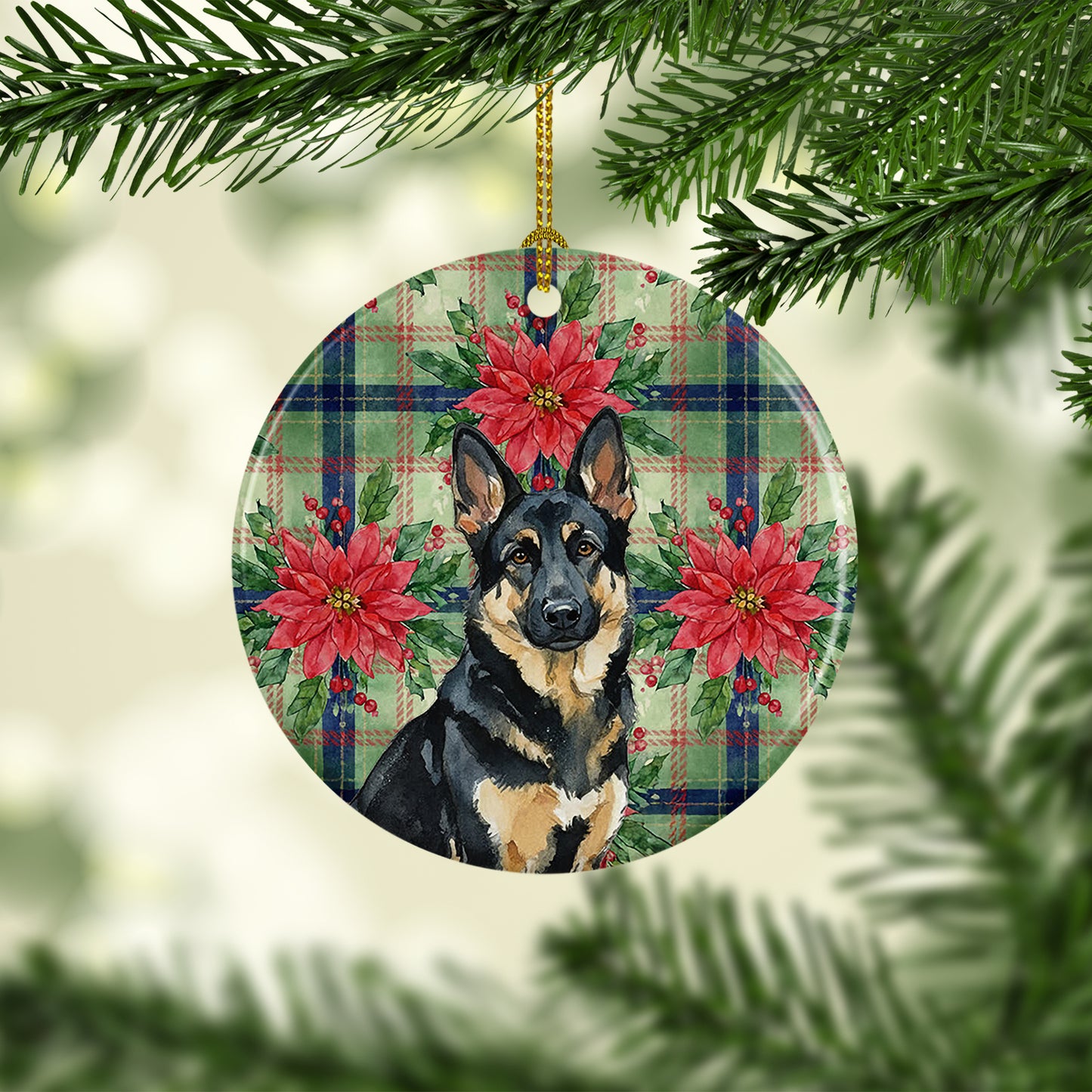 Black and Tan German Shepherd Christmas PoinsettIas Ceramic Ornament