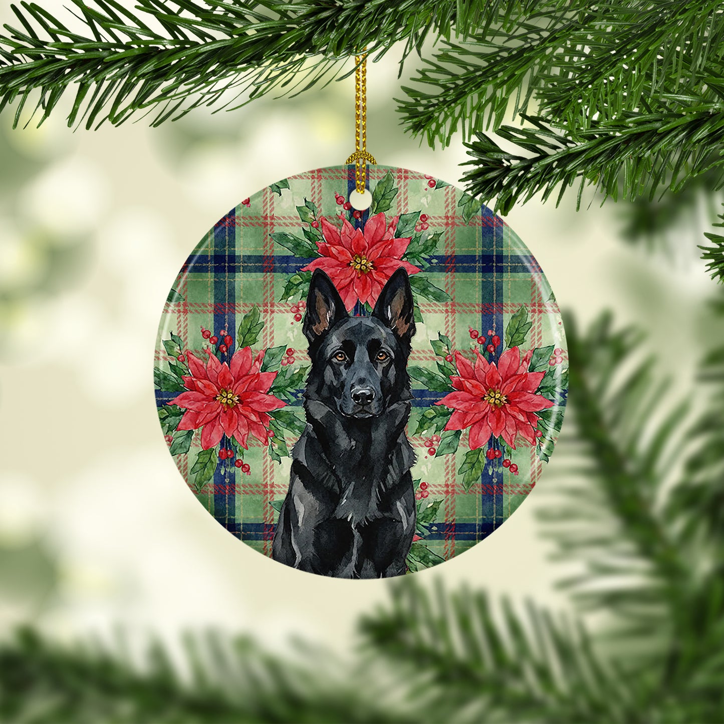 Black German Shepherd Christmas PoinsettIas Ceramic Ornament