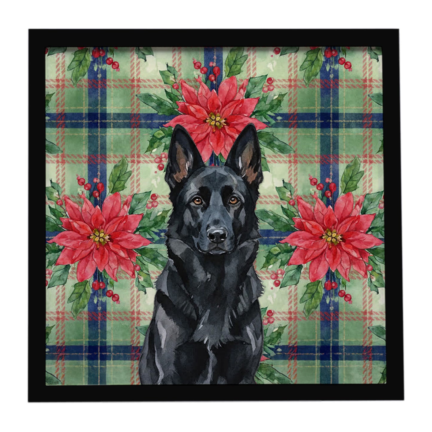 Buy this Black German Shepherd Christmas PoinsettIas Framed Metal Print