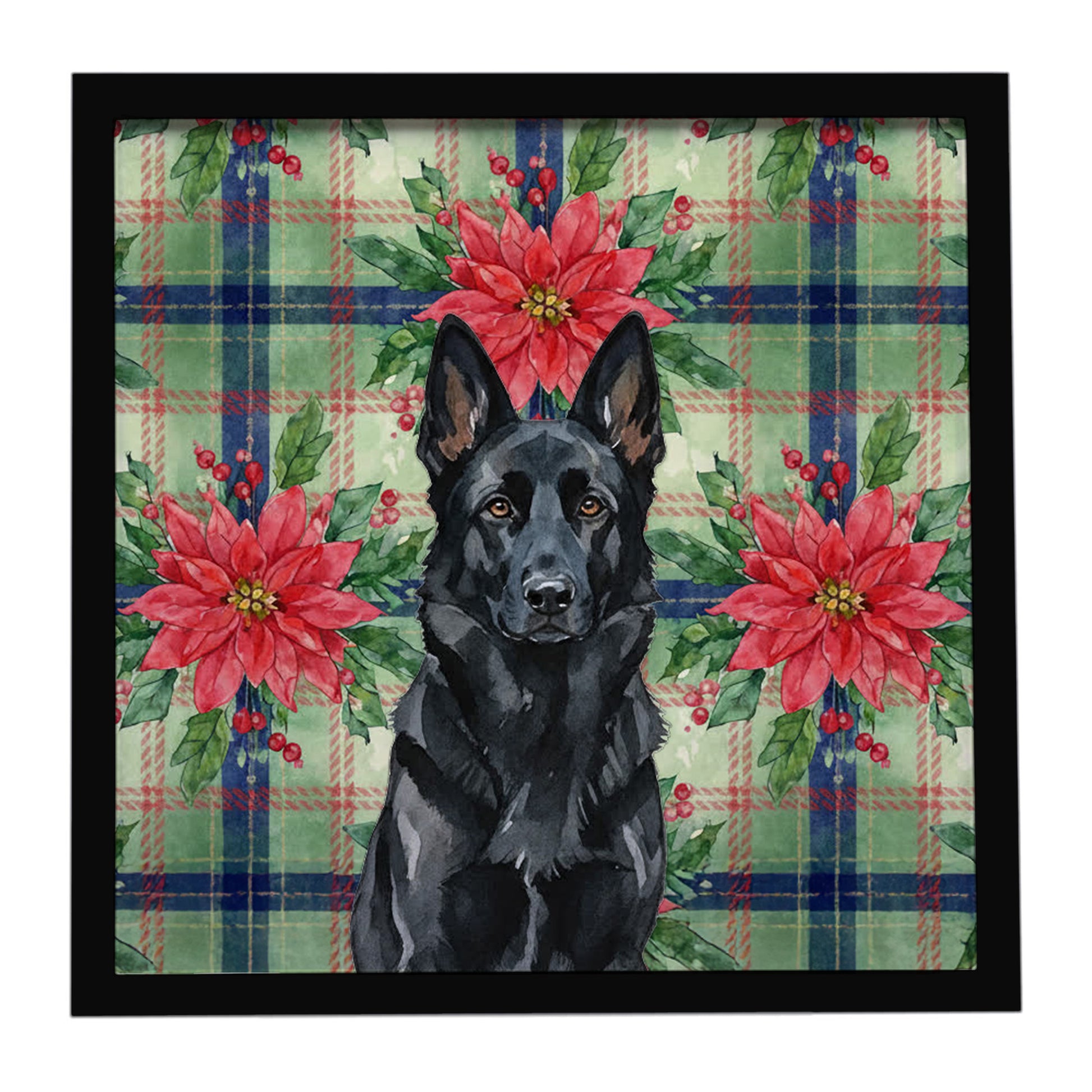 Buy this Black German Shepherd Christmas PoinsettIas Framed Metal Print