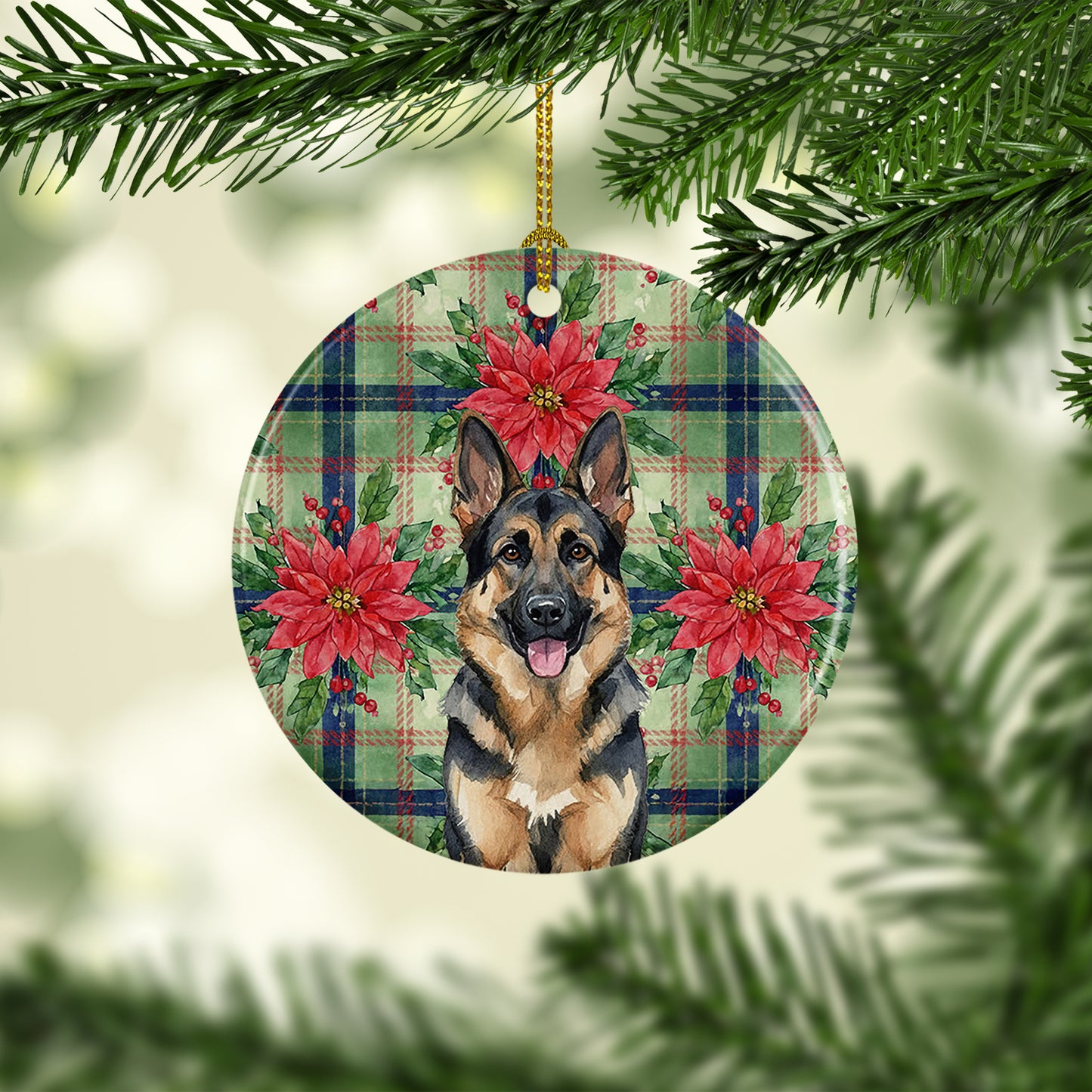 German Shepherd Christmas PoinsettIas Ceramic Ornament