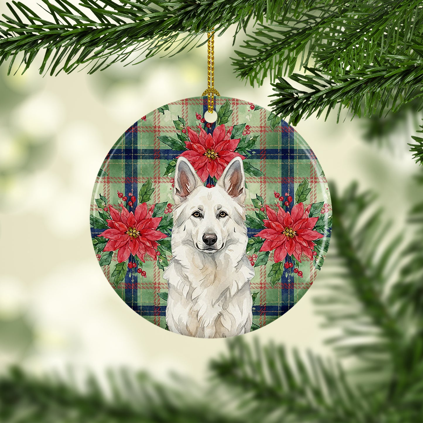 White German Shepherd Christmas PoinsettIas Ceramic Ornament