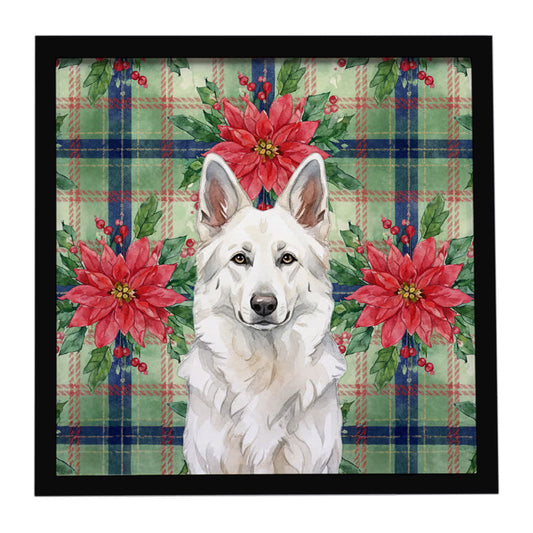 Buy this White German Shepherd Christmas PoinsettIas Framed Metal Print