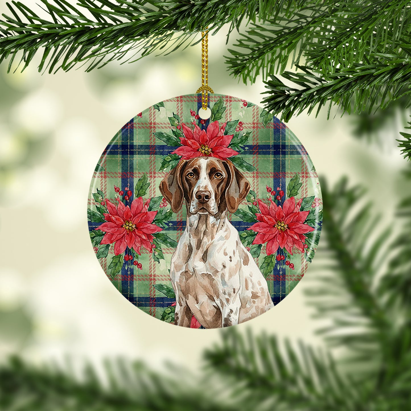 German Shorthaired Pointer Christmas PoinsettIas Ceramic Ornament