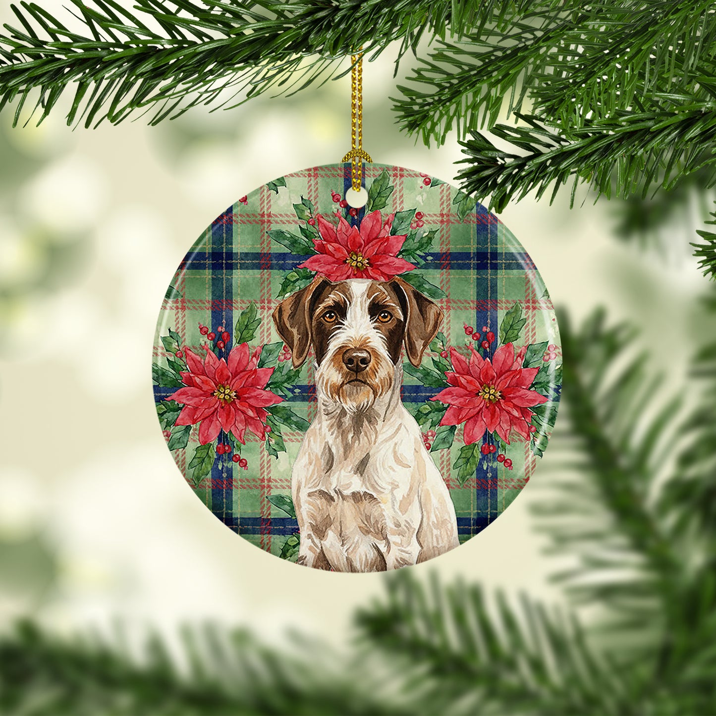 Liver and White German Wirehaired Pointer Christmas PoinsettIas Ceramic Ornament