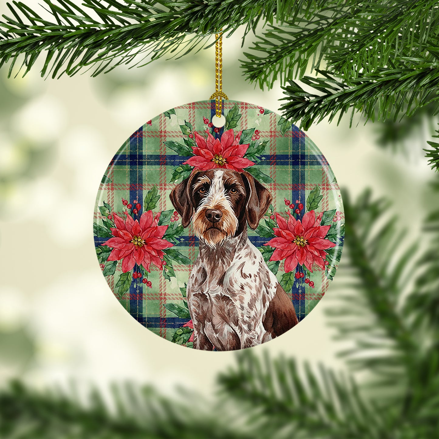 Roan German Wirehaired Pointer Christmas PoinsettIas Ceramic Ornament