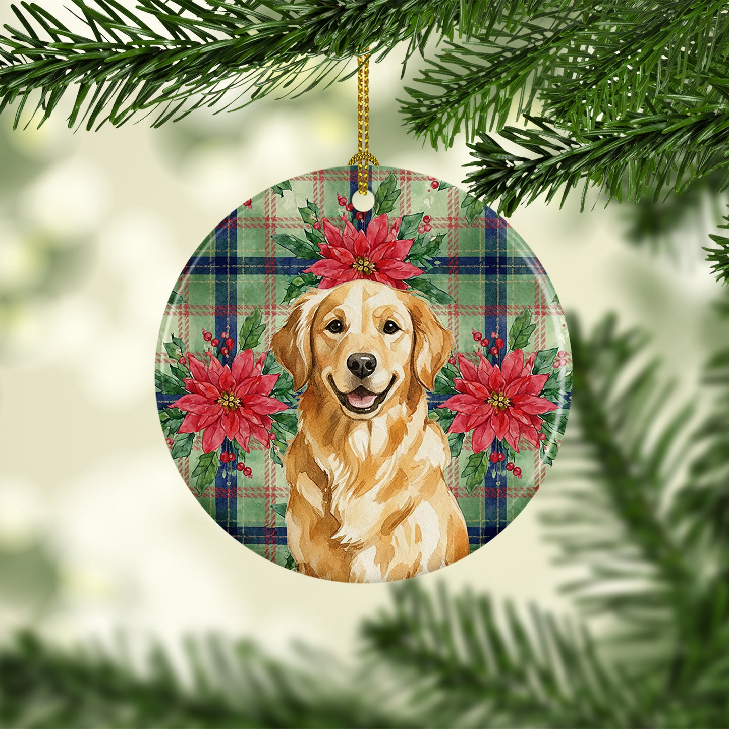 Golden Retriever Christmas PoinsettIas Ceramic Ornament