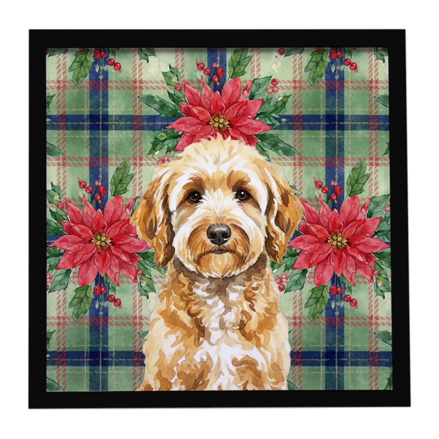 Buy this Goldendoodle Christmas PoinsettIas Framed Metal Print