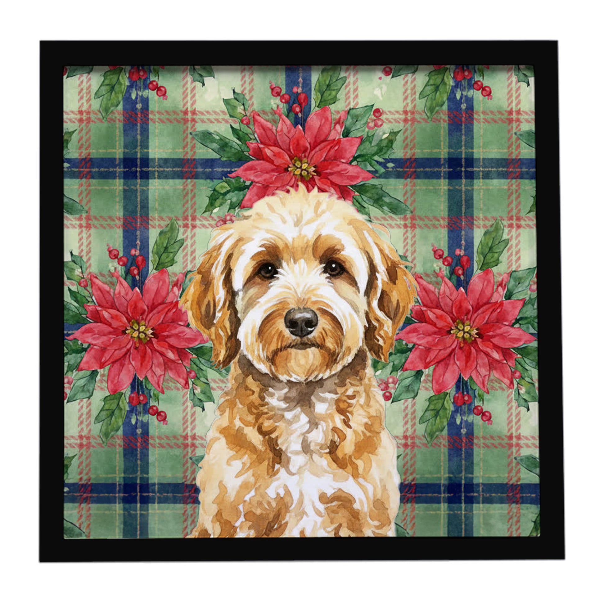 Buy this Goldendoodle Christmas PoinsettIas Framed Metal Print