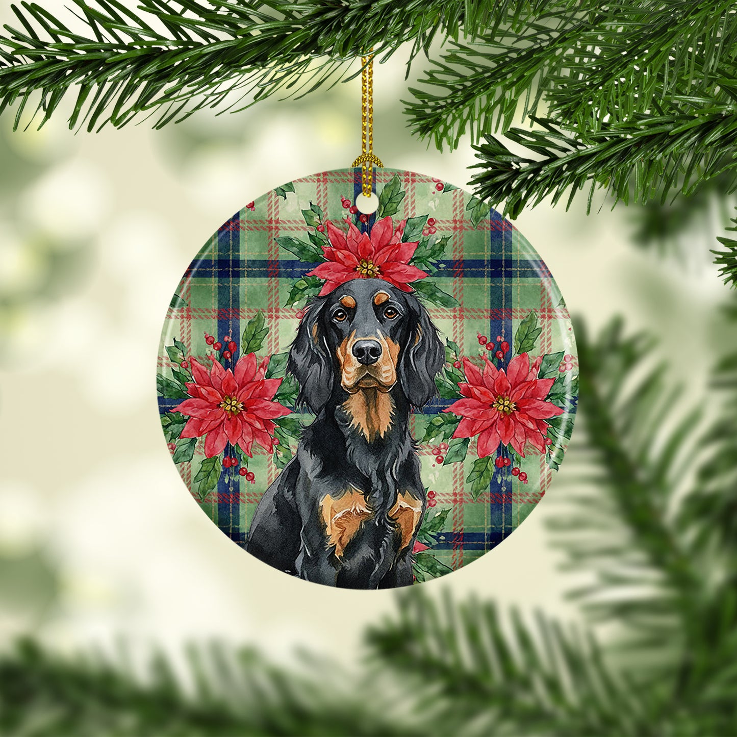 Gordon Setter Christmas PoinsettIas Ceramic Ornament