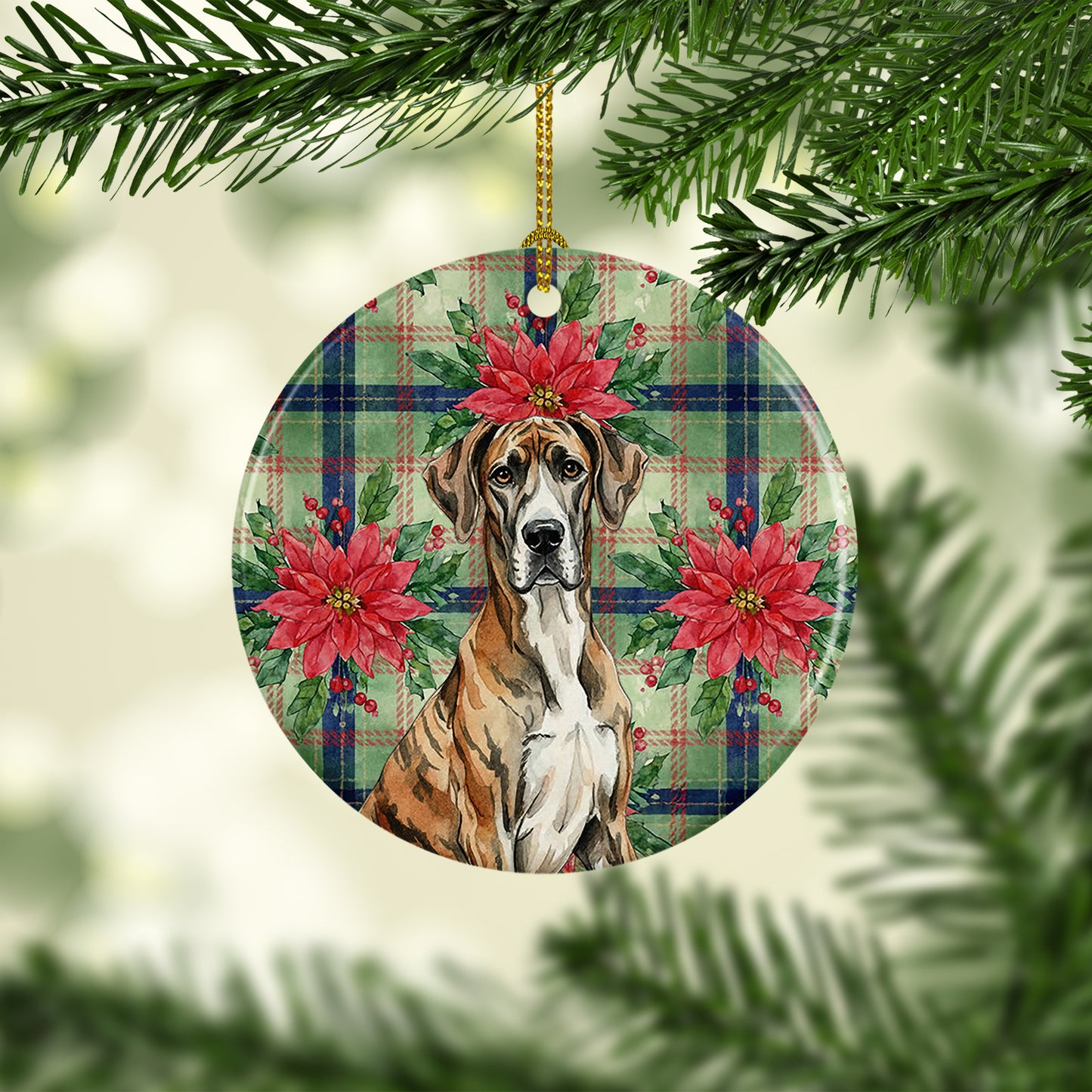 Brindle Great Dane Christmas PoinsettIas Ceramic Ornament