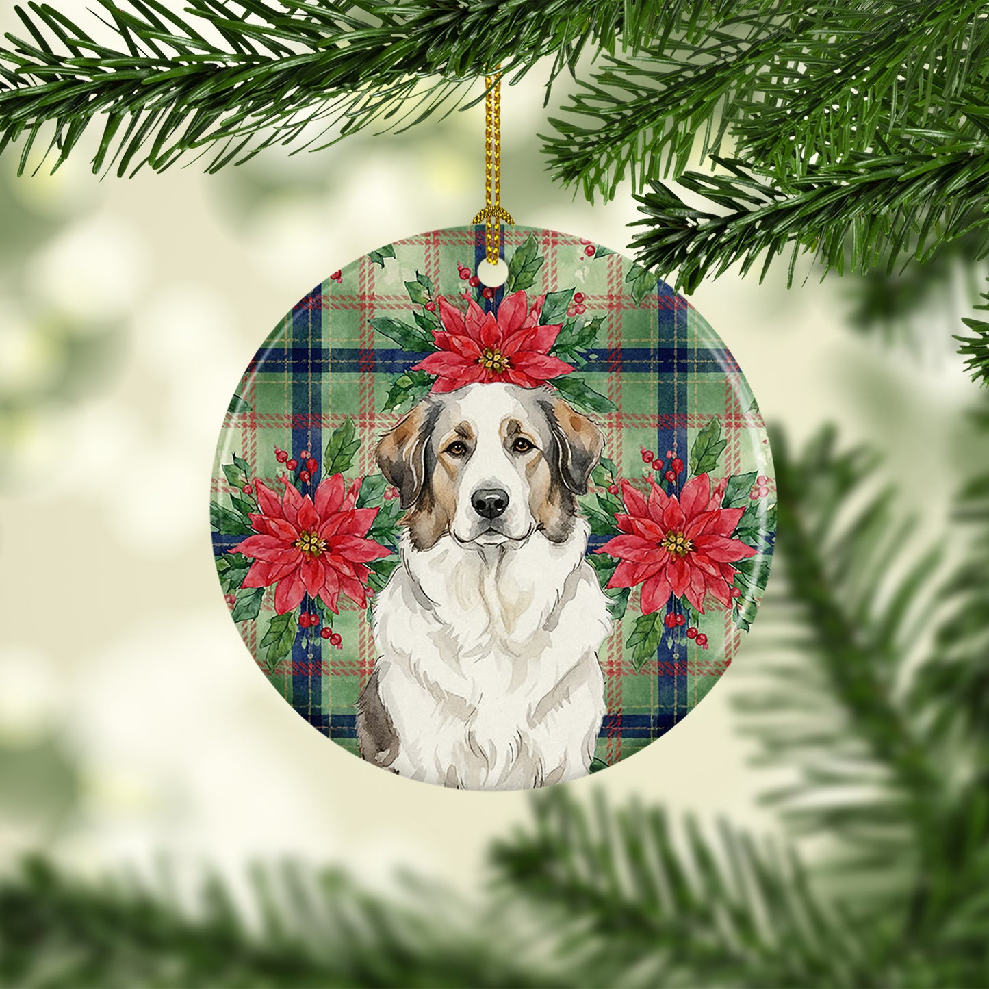 Badger Great Pyrenees Christmas PoinsettIas Ceramic Ornament
