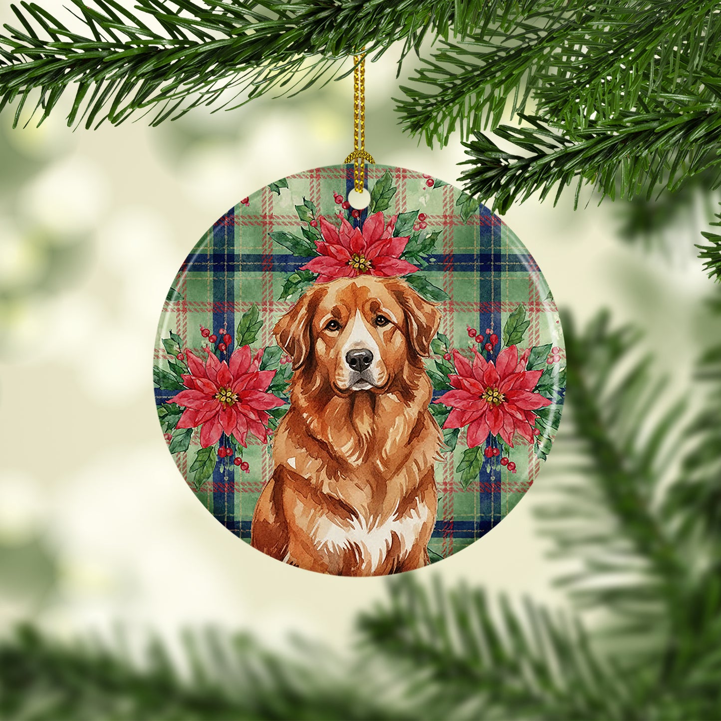 Reddish Brown Great Pyrenees Christmas PoinsettIas Ceramic Ornament