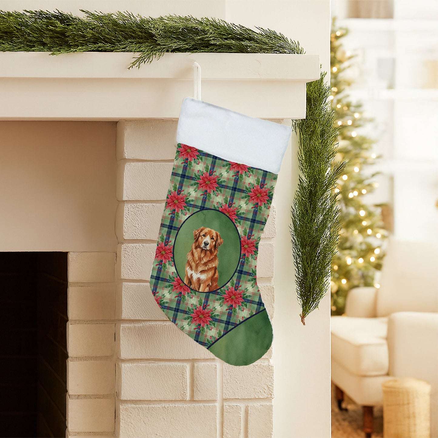 Reddish Brown Great Pyrenees Christmas PoinsettIas Holiday Stocking