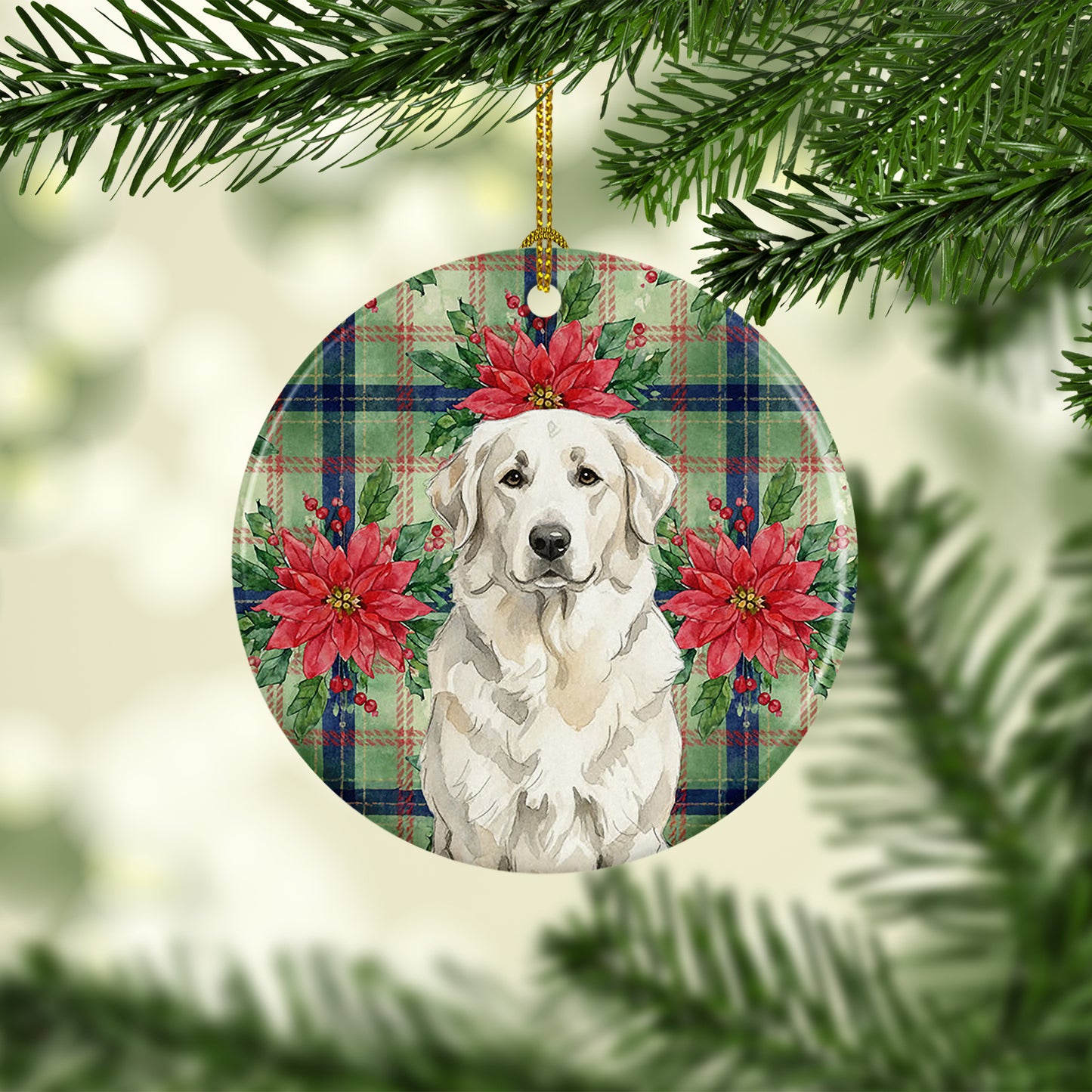 White Great Pyrenees Christmas PoinsettIas Ceramic Ornament