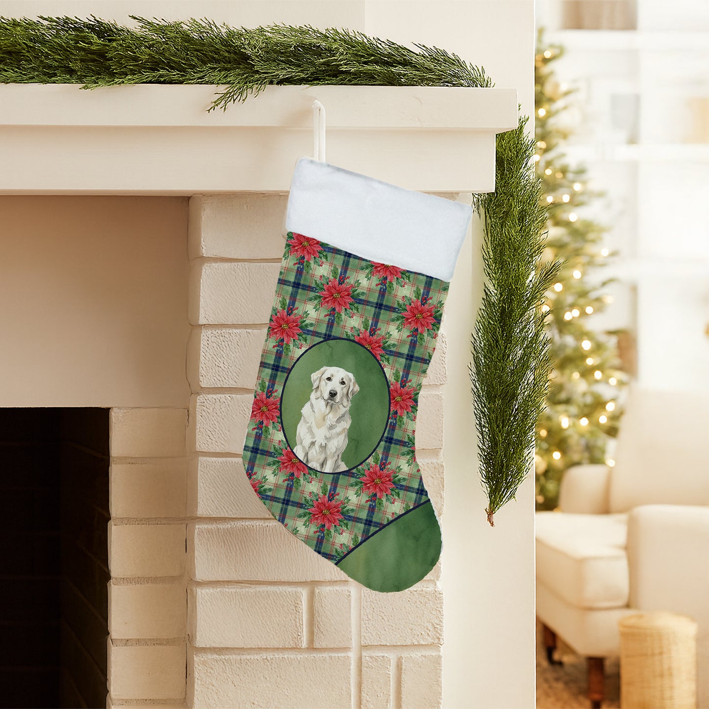White Great Pyrenees Christmas PoinsettIas Holiday Stocking